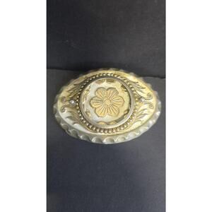 Belt Buckle Mens Silver Tone Floral Oval Western Beaded Brass Metal Cowboy